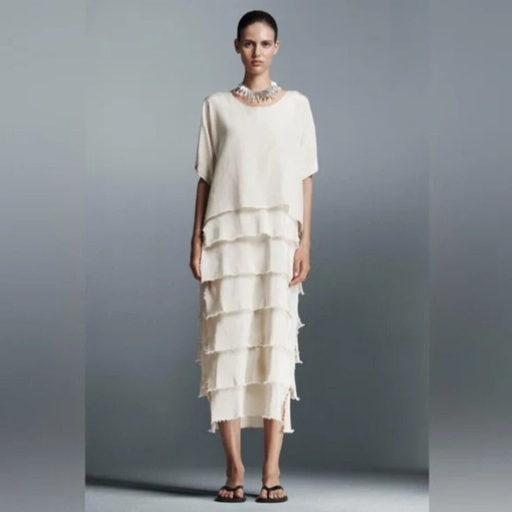 NWOT Zara Ivory Short Sleeve Midi Dress with Ruffle Detail Size Medium